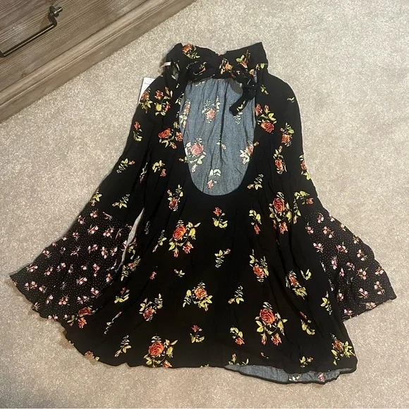 FREE PEOPLE Women’s Tate Black Floral Tie Neck Mini Shift Dress Tunic XS - Picture 6 of 11